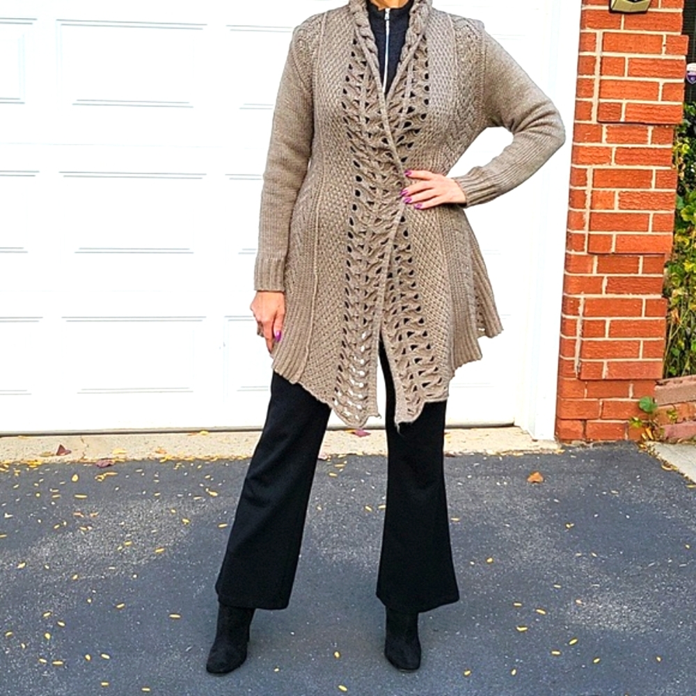 Beige/Tan Duster Cardigan with Crochet & Knit Design, M